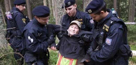 Aktivistka prý nechtěně kopla policistku při vynášení z lokality (ilustrační foto).