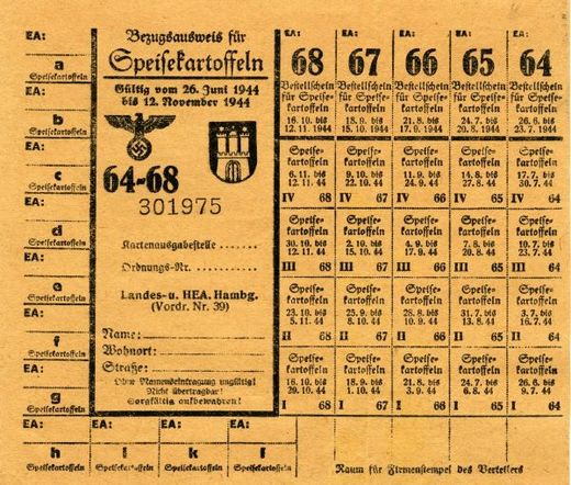 Potravinové lístky v nacistickém Německu koncem války.