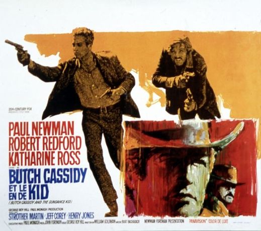Plakát k filmu o slavných pistolnících s Redfordem a Newmanem v hlavních rolích.