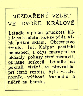 Zpráva v časopisu Český svět o nehodě Jana Kašpara ve Dvoře Králové v neděli 27. srpna 1911.