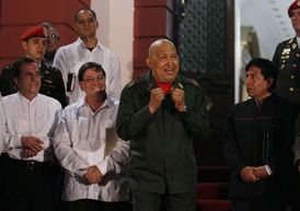 Chávez se spřátelenými ministry zahraničí Kuby, Ekvádoru a Bolívie (10. 9. 2011). 