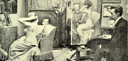 Malíř Bohumil Mareček (1884-1962) maluje nahou ženu ve své pražském ateliéru.