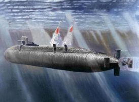 Ponorka typu Ohio odpaluje rakety Tomahawk na Libyi (ilustrace). 