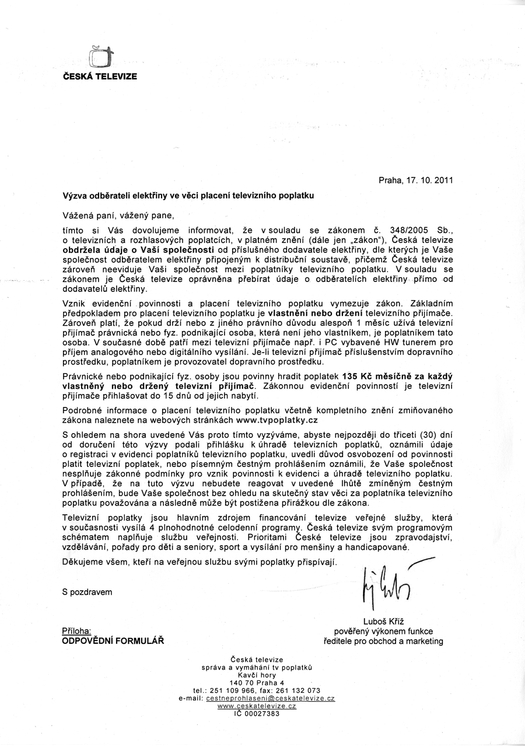 Dopis, kterým ČT vyzývá k placení televizních poplatků.