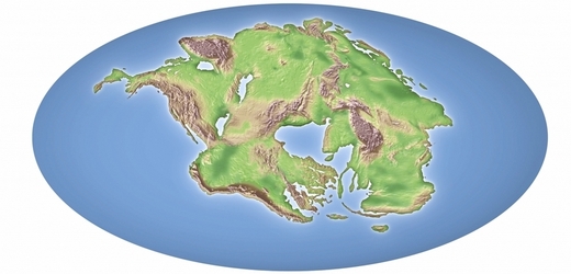 Pangea před 250 miliony let - ještě před rozpadem na Gondwanu a Laurasii.