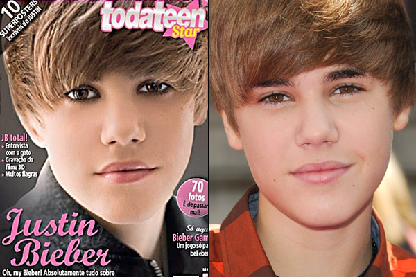Abrakadabra! Mladičký zpěvák Justin Bieber přišel na obálce časopisu Todateen Star o pihy kolem úst i drobné váčky pod očima. Oči mu navíc photoshop přikouzlil větší.