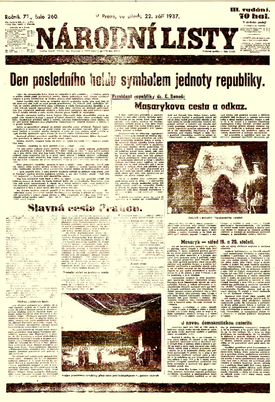 Reportáž Národních listů z pohřbu T. G. Masaryka.