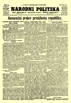  Novoroční projev T. G. Masaryka z roku 1922 na stránkách Národní politiky.