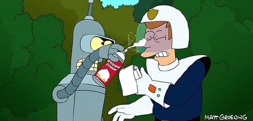 Obhroublý robot Bender ze seriálu Futurama v akci.