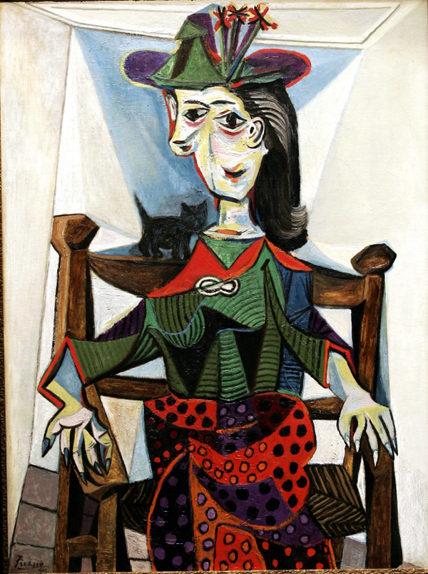 Španělský malíř Pablo Picasso s obrazem Dora Maar au Chat je na desátém místě žebříčku s prodejní cenou 106,1 milionu dolarů (2,01 miliardy korun). Na snímku je malířova milenka Dora Maarová s kočkou, jak napovídá název obrazu. (Foto: profimedia.cz)