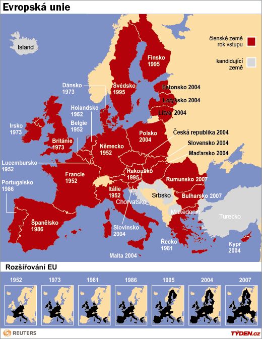 Mapa znázorňující vstup jednotlivých zemí do EU.