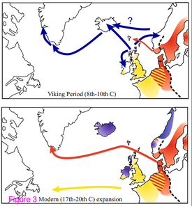 Putování myší spolu s Vikingy (nahoře) a s druhou migrační vlnou z Dánska v 17. až 20. století (dole).