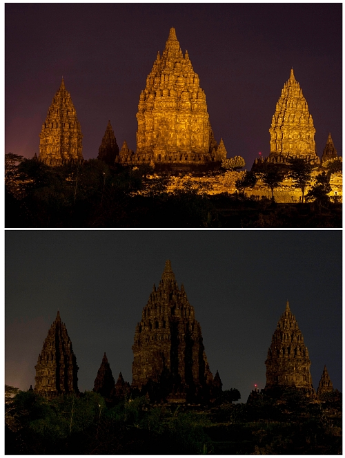 Indonésie, hinduistický chrám Prambanan před a po zhasnutí světel.