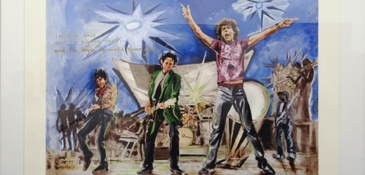 Kreslení Rolling Stones samozřejmě na Woodově výstavě nechyběli.