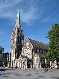 Dnes již neexistující pohled na katedrálu v Christchurch.
