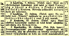 Zpráva z večerníku Národní politiky, 17. duben 1912.
