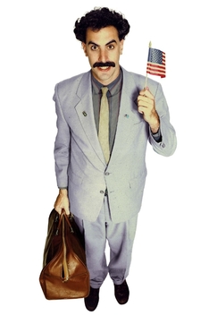 Borat, jak ho znají diváci z kin. S americkou vlaječkou.