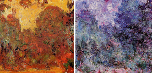 Claude Monet, 1923. Vlevo scéna viděná skrz šedý zákal, vpravo operovaným okem bez čočky.