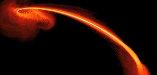 Počítačová simulace ukazuje plyn strhávaný z hvězdy k černé díře.