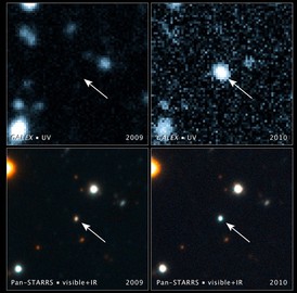 Snímky v ultrafialové (nahoře) a ve viditelné části spektra (dole). Vlevo galaxie v klidných časech, vpravo během pozorovaného jevu.