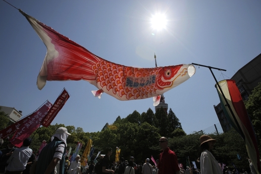 Tradiční japonské koinobori - vlajka ve tvaru kapra vlaje ve větru na demonstraci proti jaderné energii v Tokiu. (Foto: ČTK/AP)