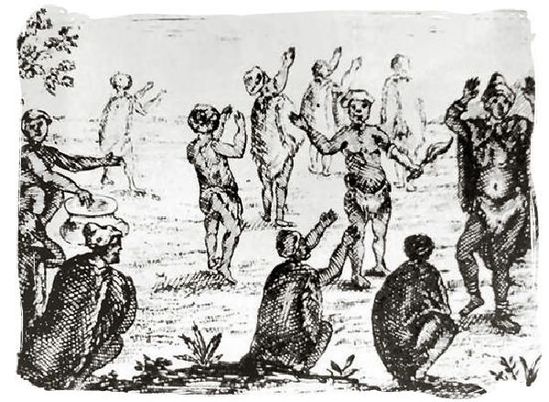Sanové při náboženských obřadech. Kresba z 18. století.