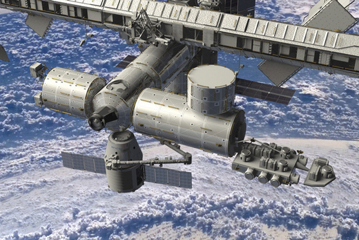 Dragon připojující se k ISS v představách výtvarníka.