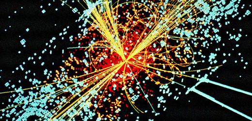 Simulace jedné ze srážek, při nichž vzniká Higgsův boson.