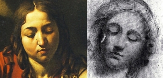 Vpravo je výřez z Caravaggiovy Večeře v Emauzích a vlevo jedna z nalezených skic, jejímž autorem by měl být.