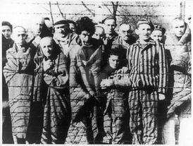 Vězni Osvětimi vyfotografovaní při osvobození tábora Rudou armádou roku 1944. 