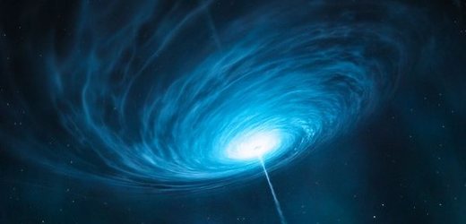 Umělecká představa kvasaru 3C 273, v jehož středu sedí černá díra o hmotnosti jedné miliardy Sluncí.