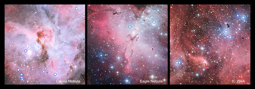 Části mlhoviny Carina (vlevo), Orlí mlhoviny (uprostřed) a mlhoviny IC 2944 (vpravo). Každá z nich obsahuje několik hvězd typu O (v kroužcích).