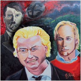 Wilders (uprostřed) ve společnosti Hitlera a Breivika (namaloval Bennie Jolink).