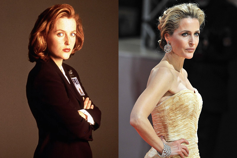 Americká herečka Gillian Andersonová jako agentka FBI Dana Scullyová z kultovního seriálu Akta X (vlevo) v roce 1993 a dnes (vpravo). Herečce možná přibyly nějaké ty vrásky, ale barva vlasů, účes i make-up rozhodně změnila k lepšímu.