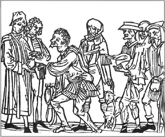 Sedláci ve středověku odevzdávají desátky klerikům (kresba z dnešního Rakouska). 