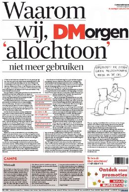List De Morgen o svém rozhodnuí nepoužívat slovo alochton. Vtip vpravo má text: Vyřešeno. V celách už nesedí žádní alochtoni. 