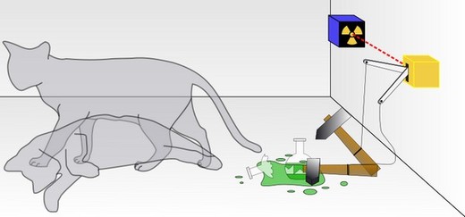 Superpozici ilustruje slavný myšlenkový experiment: Schrödingerova kočka, která je v superpozici mezi životem a smrtí. O jejím osudu rozhodneme otevřením krabice. (Creative Commons Attribution-Share Alike 3.0 Unported license.)