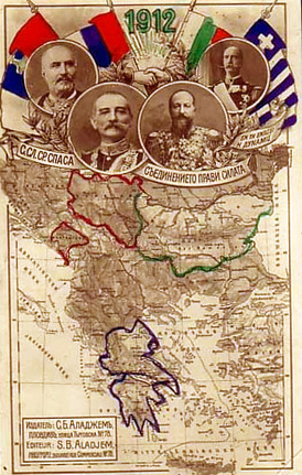 Balkánská válka. Bojovalo se o turecká území, která v mapě nejsou barevně ohraničena.