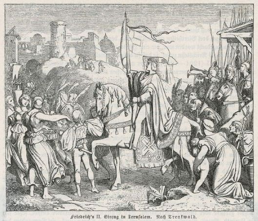 Císař Fridrich II. vjíždí roku 1229 do Jeruzaléma. 