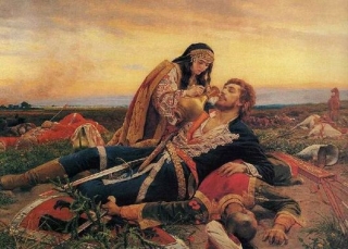 Srbskému junákovi Pavlu Orlovičovi podává roku 1389 na Kosím poli dívka vodu.