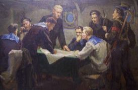 Námořnici na Auroře v čase revolučního kvasu v představě malíře.