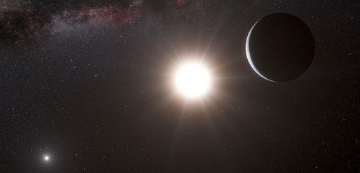 Nově objevená planeta v představách výtvarníka. Uprostřed Alfa Centauri B, vlevo A.