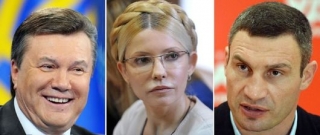 Hlavní soupeři ve volbách. Prezident Janukovyč, vězeňkyně Tymošenková a boxer Kličko.