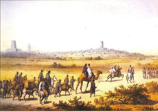 Karavana míří k Timbuktu (malba z 19. století). Pro Evropany bylo toto město dlouho obestřeno tajemstvím.