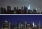 Na horním snímku ztemnělá část Manhattanu po úderu Sandy, dole plně osvětlené panorama mrakodrapů z ledna letošního roku. Ve snaze o zmírnění škod způsobených slanou vodou na elektrické síti v podzemí  bylo 6500 lidí preventivně odpojeno od elektřiny. Velké výpadky proudu ale nakonec způsobily exploze zaplavených transformátorů.