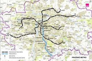 Plánovaná trasa metra D (modře).