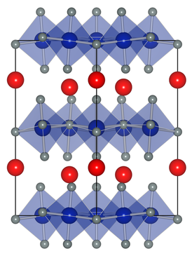 Struktura krystalu. Modré jsou atomy manganu, šedě kyslík, červeně yttrium (Swiss National Supercomputing Centre)