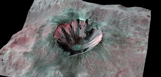 Trojrozměrný pohled na jeden z menších kráterů na povrchu Vesty (© NASA/JPL-Caltech/UCLA/MPS/DLR/IDA)