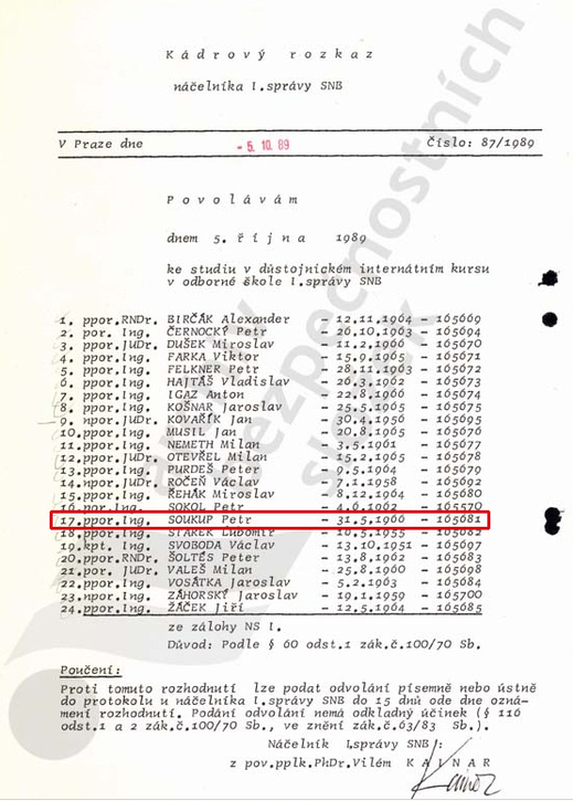 Kádrový rozkaz náčelníka I. správy SNB - ročník 1989.