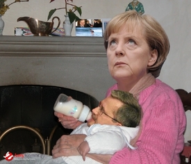 Komorowski ztvárněn jako mimino Angely Merkelové.